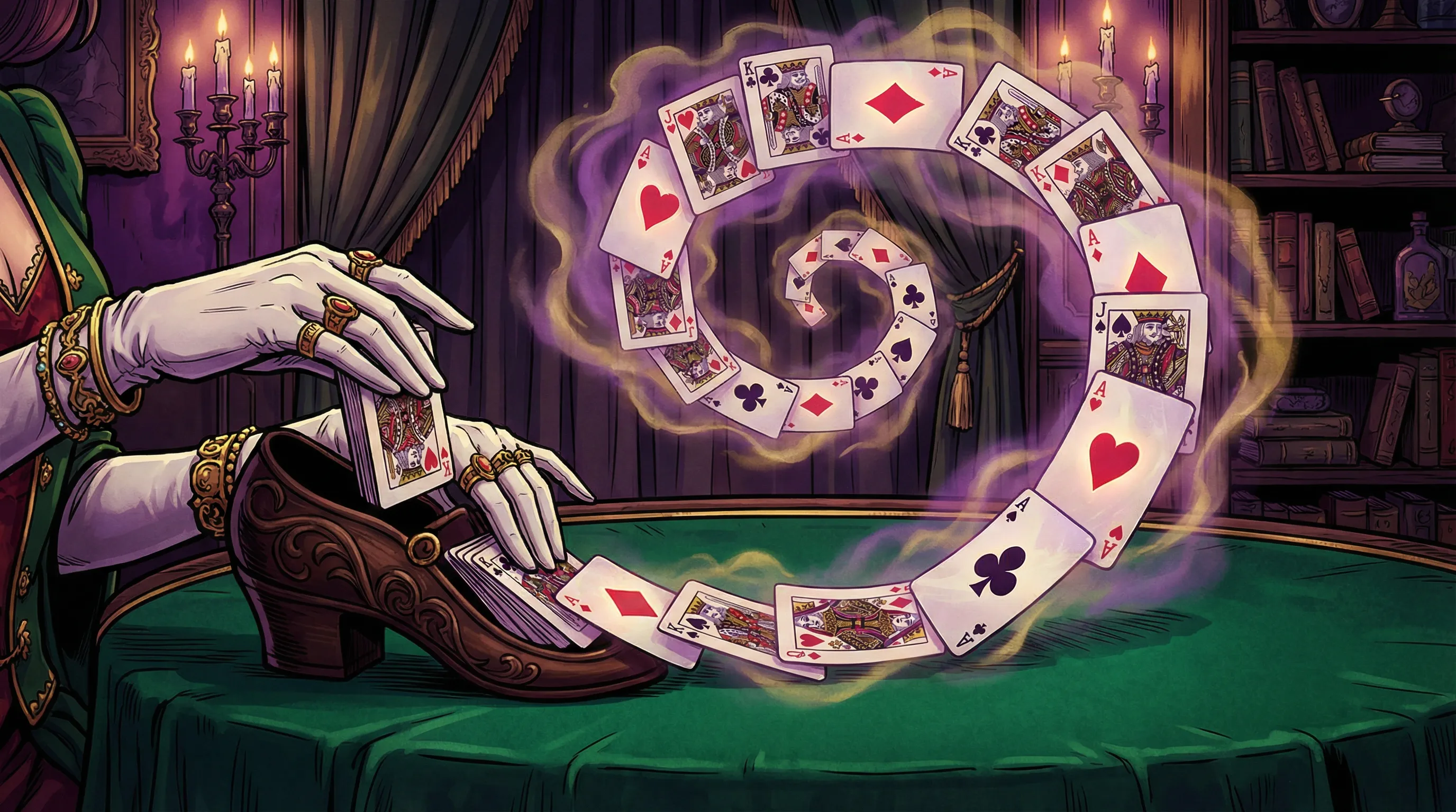 Mesa de blackjack elegante com cartas flutuando em espiral